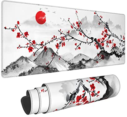 Tapis de souris Sakura japonais en aquarelle Cerise en fleurs 80x30 cm Rose Plein bureau omosri Tapis de souris étendu avec base en caoutchouc antidérapant grande taille imperméable Grand tapis de