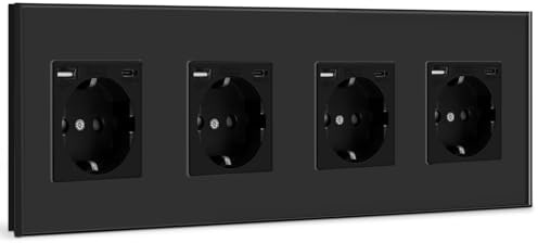 BSEED USB Wandsteckdose Vierfach Schwarz Schuko Steckdose mit USB Anschluss (Max. 2.1A) Typ C Port Unterputz Steckdose Glas Schutzkontaktsteckdose Ladegerät für Handys, Laptops etc