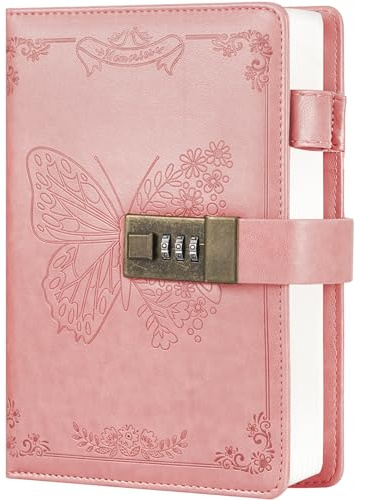 Billtigif Dagbok med lås, dagbok för kvinnor flickor, vintage låsdagbok påfyllningsbar personlig låsanteckningsbok hemlig dagbok med kombinationslås (rosa)