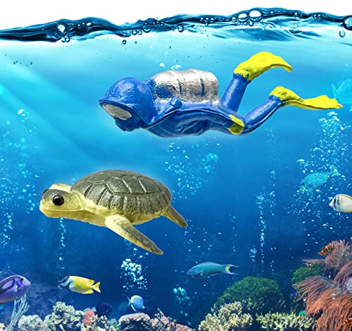MORELX Mini Aquarium Dekoration, Miniatur Taucher und Meeresschildkröten, MiniaturAqua Ornaments, Aquarien Landschaft, Fish Tank Ornament mit Sockel und Regale
