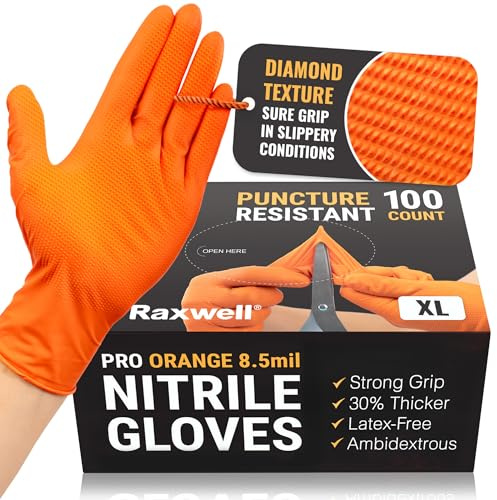 Raxwell Powder Free Nitrile Gloves - Diamond-Textured Work Gloves with Grip - Puncture-Resistant Protection & Food Service Ready - Touch-Screen Compatible - Small, Orange, 100 Count