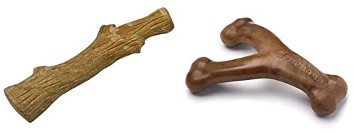 Petstages Dogwood Wood Alternative Dog Chew Toy + Benebone Wishbone Durable Bacon Flavored Dog Chew Toy