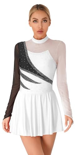 TTAO Damen Tanzkleid Eiskunstlauf-Kleid Strass Langarm Mesh Patchwork Ballettanzug Tango Tanz Trikot Kleider Eislaufen Wettkämpfe Bekleidung Weiß S