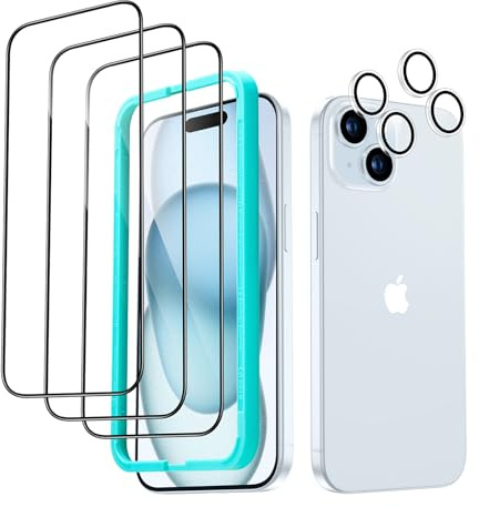 ESR iPhone 15 Plus Displayschutzfolien-Set, 3 Displayschutzfolien aus gehärtetem Glas und 2 Set einzelner Kamera Schutzfolien, 2,5D gebogene Kanten, vollständiger Militärnorm Schutz, kratzfest