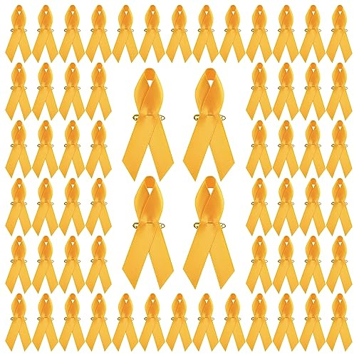 WANDIC 200 Ruban Septembre en Or Broches Doré Pins de Sensibilisation au Cancer des Enfants Polyester Badges avec Épingles à Nourrice pour la Décoration Campagne Caritative