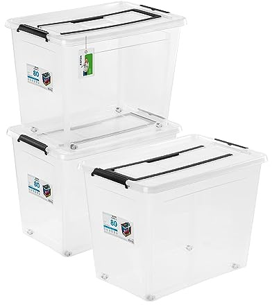 PAFEN 3x Boîte de rangement 80l avec roulettes et poignée - 39x43x58cm - Transparent Boîtes Rangement Bacs gerbables avec clips de fermeture Bacs plastiques