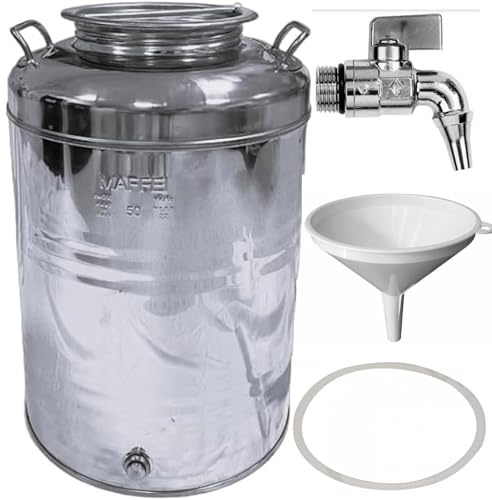Pinto FERRAMENTA Bidone Fusto Contenitore Olio Vino Ziro in Acciaio Inox Tanica con Rubinetto Imbuto e Guarnizione in Omaggio Made in Italy (20 Litri)