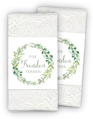 50 Freudentränen Banderolen + Klebepunkte zum verschließen - Kranz Zweige grün weiß - Für Taschentuch Gastgeschenke Hochzeit & Taufe Kirche Trauung Kommunion Konfirmation