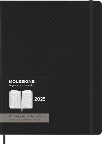 Moleskine Weekly Planner, Agenda Settimanale Verticale Pro 12 Mesi 2025, Copertina Rigida e Chiusura Elastica, Colore Nero, Formato Extra Large 19x25 cm