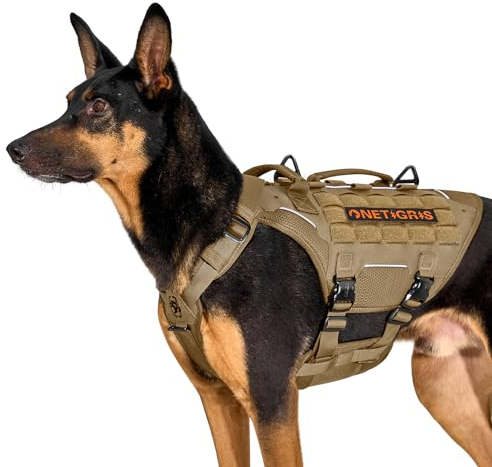 OneTigris Hundegeschirr, Torpedo Taktisches Geschirr mit 4 Metallschnallen 3 Metall-D-Ringen 2 Griffe und Reflexstreifen No-Pull Einstellbar Sicherheitsgeschirr für Große/Mittlere Hunde - Braun M