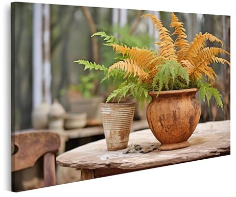 islandburner Bild auf Leinwand Getrocknete Farne in Terrakottatopf Gartentisch im Freien Bilder Wandbilder Poster