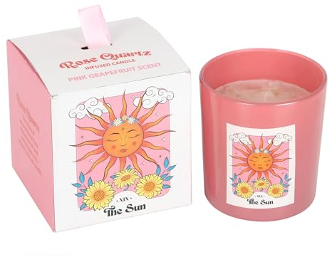 Celestial Dreams Candle: Pink Grapefruit Fragranced Sun Tarot Inspired Rose Quartz Crystal Chip Spiritual Home Decor