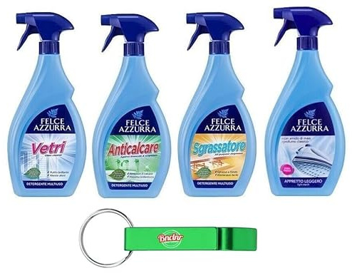 4er-Pack Testpaket Felce Azzurra Spray Allzweckreiniger,Glasreiniger,Schnelles Bügeln,Badreiniger,Fettlöser750ml + Beni Culinari Kostenloser Schlüsselanhänger