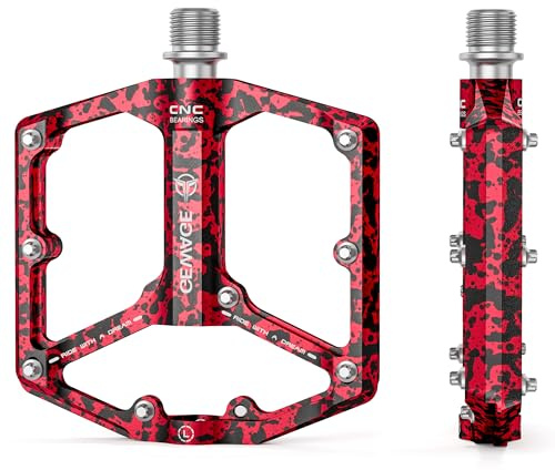 GEWAGE MTB & Landsväg Cykelpedaler – 3 Lager Plattformpedaler – CNC-frästa 9/16” Flat Pedals med Utbytbara Anti-Slip-Piggar (Red Camo)