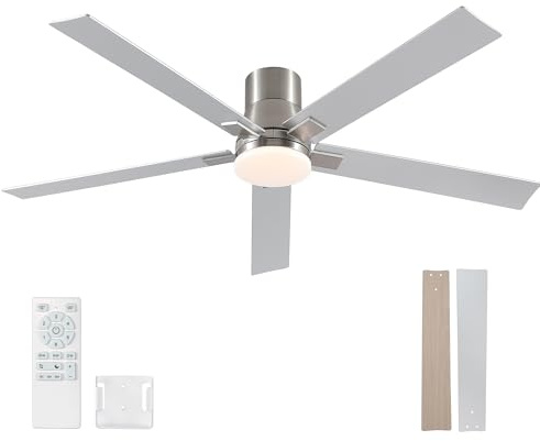 Rayqueen 60 Inch Ceiling Fans with Lights and Remote,Flush Mount Brushed Nickel Ceiling Fan,6 Speed Reversible DC Motor,3CCT Dimmable LED-Low Profile Design for Bedroom, Living room & Covered Outdoor