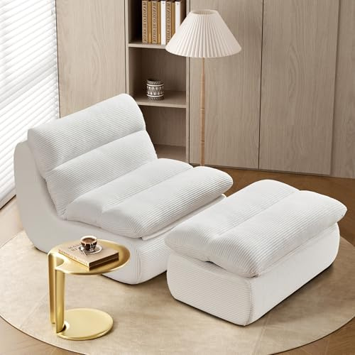 okwish Sitzsack Mit Fußhocker, abnehmbaren Rückenlehne und Sitzkissen, Lazy Sofa, Bodensofa, Sitzsack Lesesessel, Wohnzimmer Loungesessel, Sofa aus Weiß Cordstoff