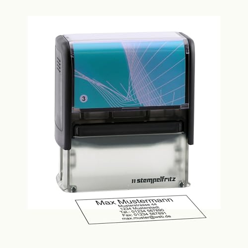 Personalisierter Stempel stempelfritz Gr.3 direkt hier Erstellen – selbstfärbender Firmenstempel, Adressstempel, Namensstempel oder Lehrerstempel – Gehäuse Schwarz-Türkis, 58x22mm, max. 6 Zeilen