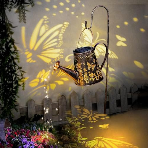 Lampe Arrosoir Solaire, Lampes solaires d'extérieur avec Guirlande, Lampes en Métal Imperméable à l’Eau avec Support, Décoration Vintage Lumière Extérieure Led pour Chemin/Cour/Terrasse(papillon)
