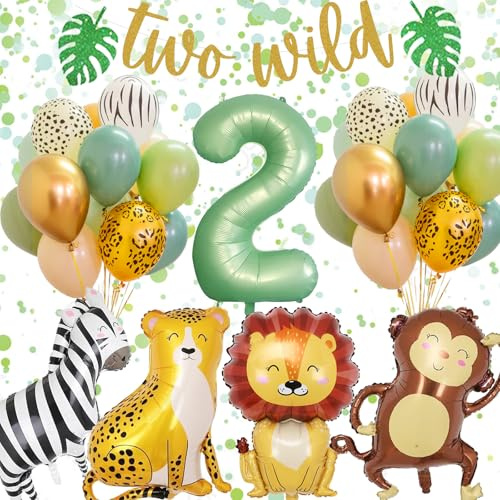 2 Geburtstag Deko Junge Mädchen, Dschungel Geburtstagsdeko 2 Jahr Junge, 2 Jahr Kindergeburtstag Deko mit Safari Luftballons 2. Geburtstag