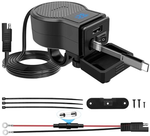 Hoembpn 72W Motorcycle USB Socket Fast Charge with LED Voltmeter + On/Off Switch,Type-C Retractable Cable,IP65 Waterproof Motorbike USB Car Charger QC3.0 PD3.0 Fast Charging for 12V/24V Boat/Camper/V