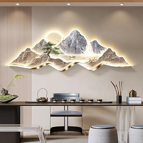 YAIUNHIQ Arte murale a LED, Arte murale 3D, Decorazione Moderna di Montagna, Albero, Fiume, Acqua, Quadro, Scultura murale di Lusso,B