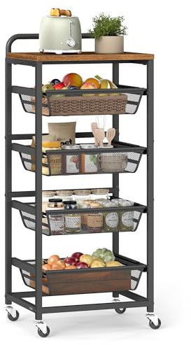 VASAGLE Storage Rolling Cart with Pull-Out Baskets, 5-Tier Utility Cart Orgnizer with Wheels for Laundry Room, Kitchen, Handle, 12.5 x 15.8 x 37.4 Inches, Rustic Brown and Ink Black ULRC041K01