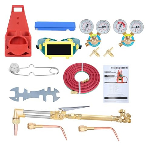 Schneidbrenner-Kit für Schweißen, Gasleitungen und Metallschneiden, Sauerstoff- und Acetylen-Regler, klares Messgerät mit Komplettset für Eisen-, Stahl- und Kupferrohrreparatur, Rot