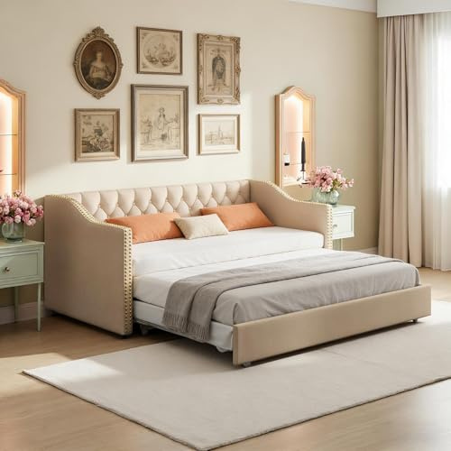 Letto giornaliero allungabile 90/180 x 200 cm, divano Letto Imbottito multifunzionale con Rete a Doghe, Letto per Ragazzi Struttura, Letto Ospite, soggiorno, camera da letto, lino, Senza Materasso