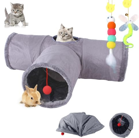 mymai Faltbarer katzentunnel mit weichem Wildlederbezug, interaktiver Rascheltunnel für Katzen mit 2 Hängenden Spielzeugen, ideal für Kaninchen kleine Haustiere (Grau, B)