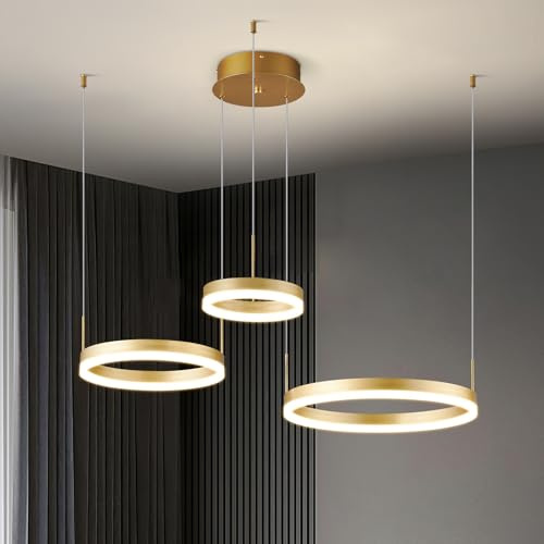 SHJNGMY Moderne Gold Ring Kronleuchter LED Kreis Geometrische Pendelleuchten 3 Ringe Deckenleuchten Hohe Decke Foyer Kronleuchter für Wohnzimmer Esszimmer Schlafzimmer