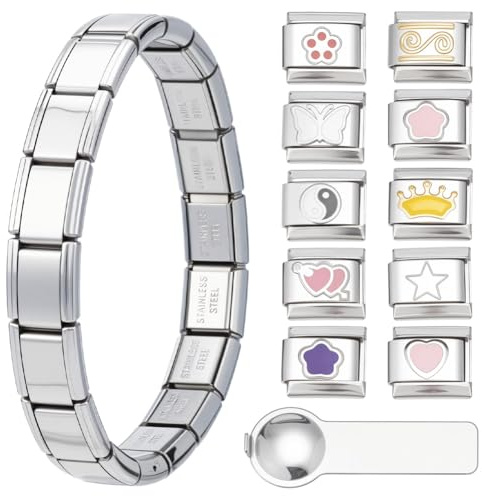 FREEBLOSS Bracelet à Breloques Italiennes en Acier Inoxydable 6.9 maillons Modulaires avec Outil Bijoux Cadeaux pour Filles et Femmes Argenterie