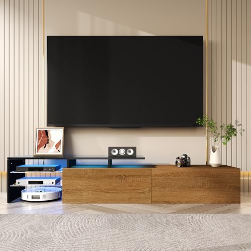 FammyLoft Armario de TV de 170 cm con 2 cajones, mueble bajo para TV con estantes de cristal, armario de TV con iluminación LED para salón, tabla de TV, soporte de TV, madera y negro