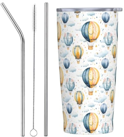 Bonito vaso con estampado de globo aerostático con tapa y popote, vasos aislados de acero inoxidable de 20 onzas, taza de café personalizada, botella de agua