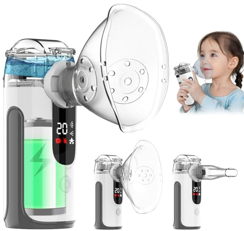 Aérosol portable silencieux à ultrasons–Appareil d’aérosol pour adultes et enfants avec batterie rechargeable 1200mAh, nébuliseur inhalateur avec 2masques et embout buccal pour maison et voyage (Gris)