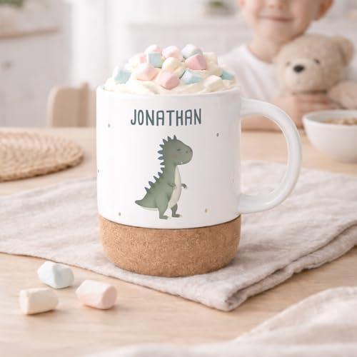 hellomini Personalisierte Tasse mit Korkboden für Kinder, Kindertasse mit Wunschdruck, Kinderbecher mit Namen, Geschenk zum Geburtstag, (T-Rex)