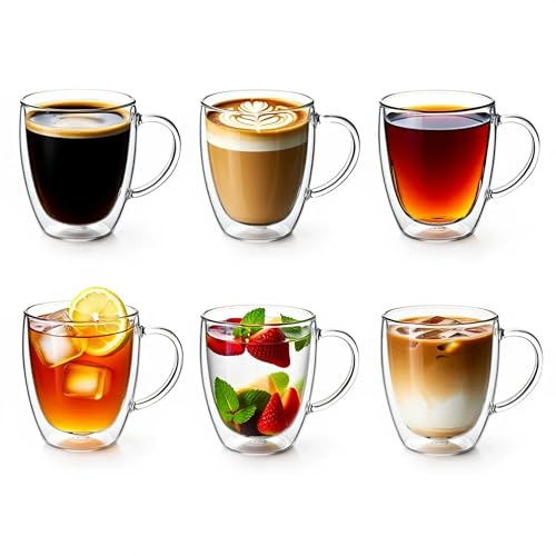 Aspect Double Walled Glass Coffee Cups Set of 6 x 250ml with Handles, Borosilicate Insulated Latte Mugs, Heat Resistant Espresso Cappuccino Tea Cups for Hot & Cold Drinks