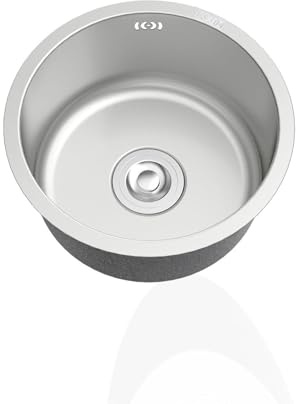 inless Steel 304 rund diskbänk – litet diskho med diskbänk – med dräneringsrör – topp- och bottenmontering – Ø 42 cm och platsbesparande design