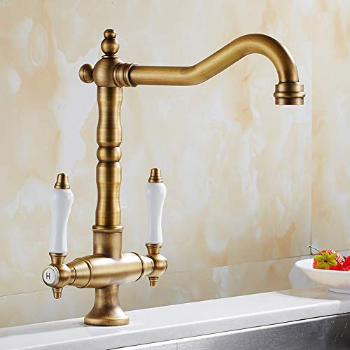360 Swivel Kitchen Faucet Antique Brass Dual Porcelain Traditional Kitchen Sink Mixer Taps Twin Lever Solid Brass Basin