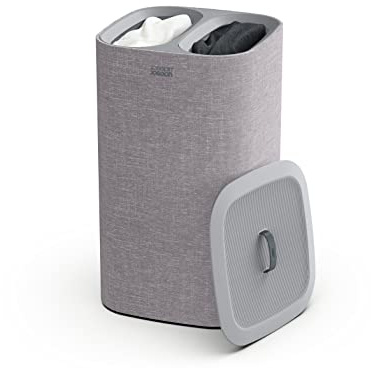 Joseph Joseph Cesto da Biancheria per panni sporchi con separatore da 60 litri, 2 sacchi per il lavaggio rimovibili con maniglie, Grigio