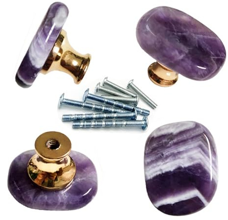 YOUYOUULU 4 Stück Natürliche Amethyst Knöpfe, Stein knäufe Griffe, Kabinett Schrank Stein knäufe Zieht, Möbelknöpfe lila Griffe für Kommode Schrank Möbel Tür DIY (Amethyst)