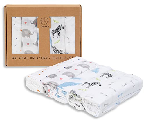 bisoo Mousselines - 5 Langes Coton Bébé - 60% Fibre de Bambou et 40% Coton Mousseline, 70x70 - Doux et Respirants pour Le Nouveau-né - Lingettes Multi-usages - Carrés de Mousseline (Neutral)