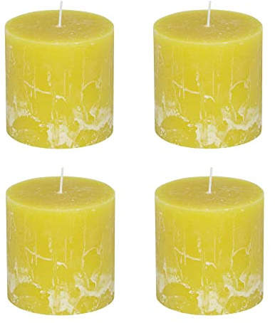 Stumpenkerzen Rustic 4er Set - Stumpenkerze, Blockkerze, Kerze, Adventskranz, Advent - Kein Ruß - Brenndauer: 75 Std. - viele Farben - 10x10 cm (Gelb)