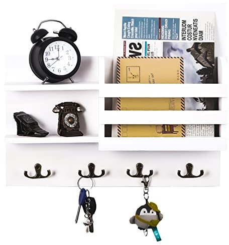 Tallgoo Porte Courrier Mural, Porte Courrier Bois,Porte Clef Mural, Porte-Courriers avec 4 Crochets Doubles,Porte-Courrier Mural en Bois pour Le Rangement de Vos Clefs Courrier Revues- blanc