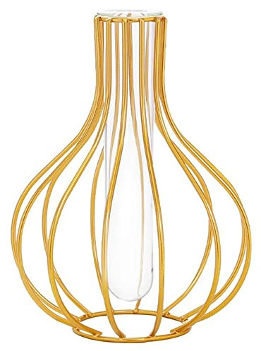 Nordic Simple Glass Clear Vase with Iron Art Frame for Hydroponic Planter, Metal Flower Vase Test Tube Pot Decorative Bottles Centerpieces for Wedding Home Décor (Gold,Gourd)