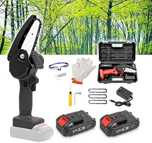 Mini Chainsaw, 4-Inch Cordless Portable Handheld Electric Saw, Wood Cutting Pruning Logging, Small One-Handed for Garden Courtyard Tree, 2PC Battery Powered (Color : Black)