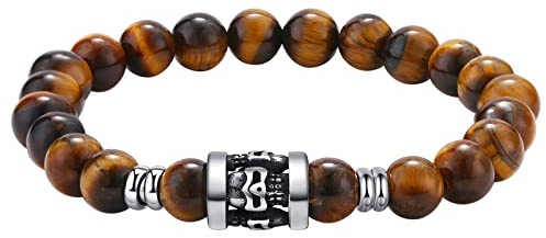 Flongo Herren Armband Rosenkranz mit Totenkopf-Anhänger Perlen-Armband Tigerauge Stein mit Edelstahl 8MM/10MM Männer Armband Gelb Schwarz