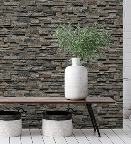 GAULAN 127672 Papier peint vinyle lessivable imitation mur de pierre d'ardoise texturé en relief pour mur salon cuisine bain couloir salle à mange - Rouleaux de 10 m x 0,53 m