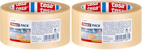 tesa tesapack Ultra Strong - PVC-Klebebänder für festes Verpacken und sicheres Bündeln - Transparent - 66 m x 50 mm (Packung mit 2)