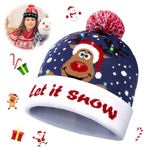 LED Weihnachtsmütze Erwachsene, Nikolausmütze Weihnachtsmützen Erwachsene Weihnachtsmann Mütze, Dehnbare Strickmütze,Rentier,Schneefall bedruckt, Leuchtende Weihnachtsmütze Kinder für Weihnachtsfeier