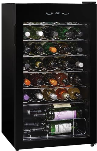 Russell Hobbs Undercounter Fridge 93 Litre/34 Bottle Freestanding Wine & Drinks Fridge Beer in Black LED Light, Drinks & Snacks Glass Door, Energy Efficient, 2 Year Guarantee RH34WC101B